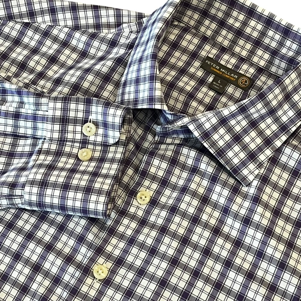 Peter Millar Summer Comfort Shirt Mens Large Long Sleeve Plaid Nylon Stretch‎